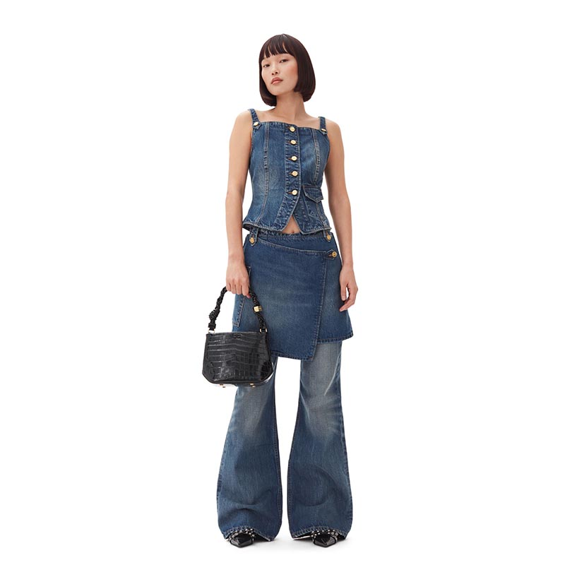 HEAVY WASHED DENIM FLARED SK JEANS -BLUE-