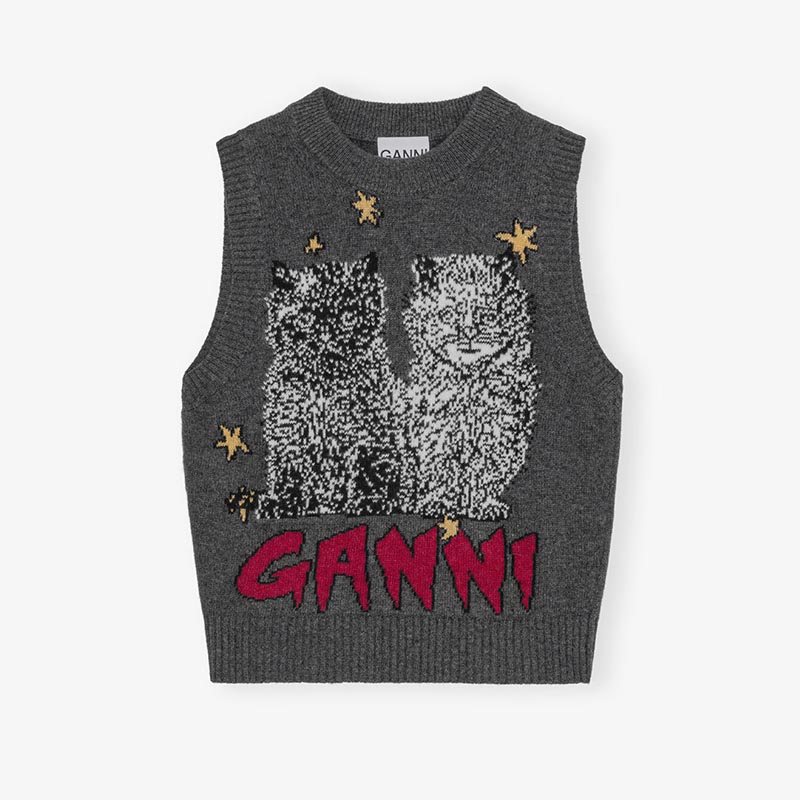 GRAPHIC WOOL MIX CATS VEST -GRAY-