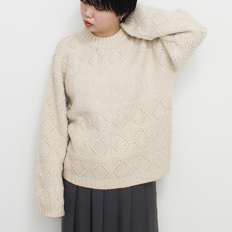 WOOL COTTON BUBBLE O-NECK -BEIGE-