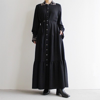EMBROIDRED LACE COMBI COAT DRESS -BLACK-