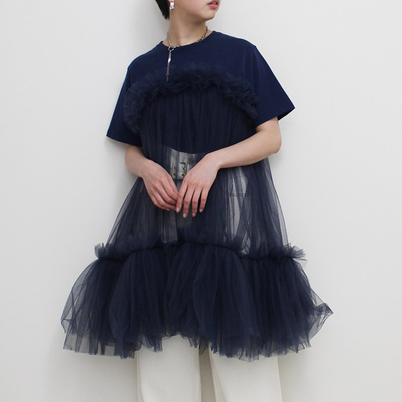 GATEHERED TULLE T-SHIRT -NAVY-