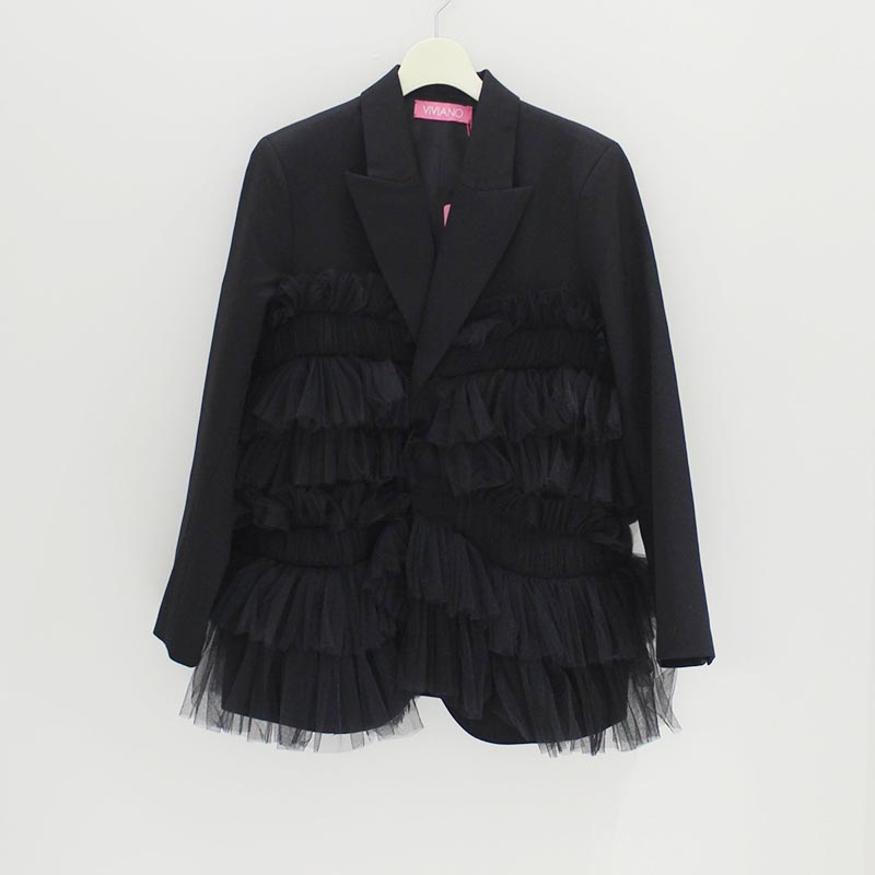 GATHERED TULLE BLAZER -BLACK-