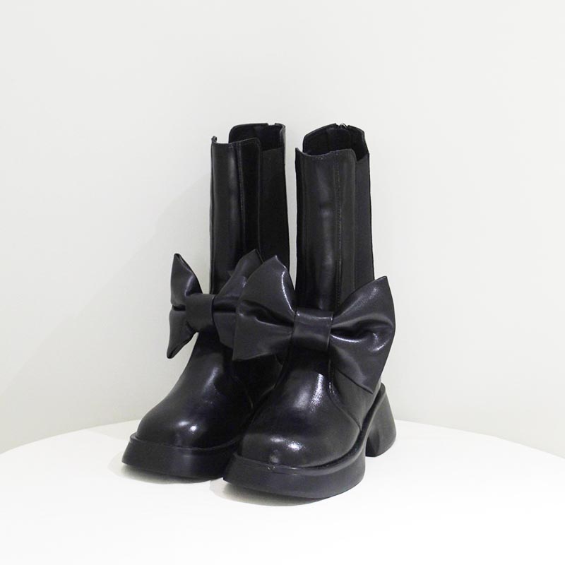 RIBBON BOOTS ECO LEATHER -BLACK-